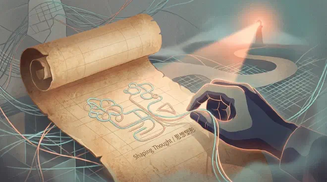 An elevated conceptual cartoon showing a stylized deep indigo and muted stone grey human hand, gently guiding glowing threads of glacial teal and soft ember onto an unfurling warm parchment scroll. These threads form intricate, abstract patterns of interconnected cognitive nodes and pathways, illustrating how ideas take concrete shape through the act of writing. In the background, subtle geometric grids and interwoven threads represent underlying structures of information. A soft, distant ember glow from a metaphorical lighthouse illuminates the scene, symbolizing personal judgment guiding the thought process. The image conveys writing as an active, thoughtful journey from exploration to refined understanding and the formation of opinions.