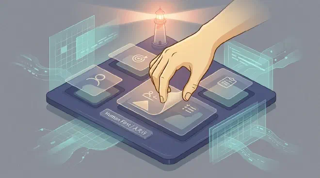 An elevated conceptual cartoon shows a warm parchment-toned human hand arranging four semi-transparent panels, representing the STAR method (Situation, Target, Actions, Results), on an indigo surface. Glacial teal geometric grids and data streams, symbolizing AI&rsquo;s assistance, fill in surrounding details. A glowing Lighthouse of Personal Judgment in the background casts a soft ember glow, emphasizing human guidance and responsibility in the process of dividing labor with AI.
