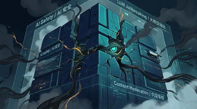 A dramatic visual of a digital shield or firewall cracking, with dark, shadowy tendrils seeping through, symbolizing the vulnerability and 'jailbreaking' of AI safety protocols. The cracked shield might reveal a glimmer of code or a stylized, slightly menacing AI eye behind it, hinting at the potential for manipulation or 'turning to the dark side.'