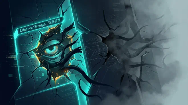 A stylized cyber-noir illustration of a fractured digital AI structure. One section glows with electric teal and amber, showing sharp, shadowy tendrils actively exploiting a prominent crack, symbolizing verified AI vulnerabilities. Other fractures are obscured by smoky mist, with less distinct infiltrations, representing methods with incomplete or unverified evidence.