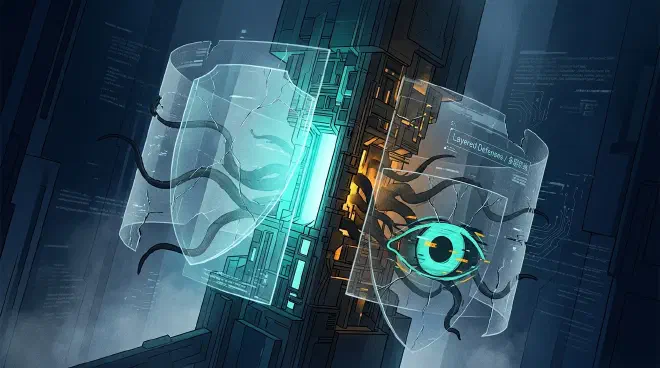 A complex digital structure representing knowledge, emitting both a protective teal glow and a dangerous amber hue, is partially encased by multiple overlapping, cracked, and translucent digital shields. Shadowy tendrils subtly weave through the cracks and between the layers, symbolizing persistent dangerous information and potential misuse. A stylized, slightly distorted AI eye, colored electric teal with amber highlights, peers through the fragmented defenses, highlighting the difficulty of distinguishing safe from unsafe knowledge and inferring user intent.