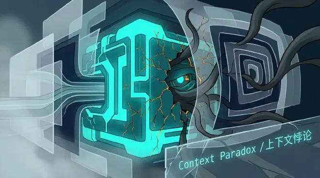 A stylized cyber-noir illustration depicts an abstract, glowing electric teal AI core surrounded by overlapping, semi-transparent digital layers representing context. On one side, these layers appear stable, but on the other, dark, smoky tentacle-like forms are manipulating and twisting them. This distortion of context causes flickering amber cracks to spread across the central AI core, symbolizing how contextual capability expands the attack surface. A distorted AI eye peers from a crack.
