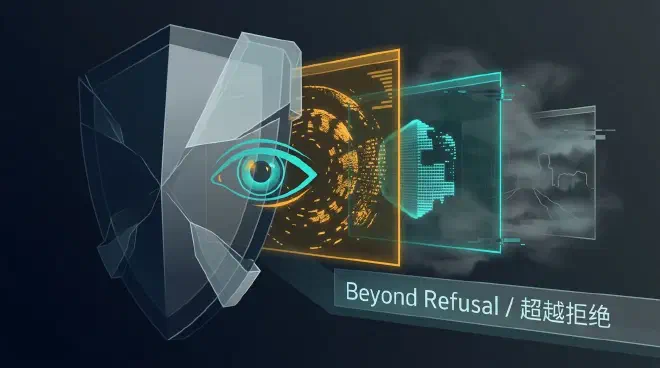 A stylized illustration featuring a fragmented digital shield in deep blue and charcoal, representing an AI&rsquo;s refusal. Behind it, partially visible through translucent cracks and layers, are three distinct, glowing panels in teal and amber, symbolizing accuracy, completeness, and actionability. An AI eye gazes through the shield into these deeper layers, emphasizing a comprehensive risk assessment beyond just surface refusal.