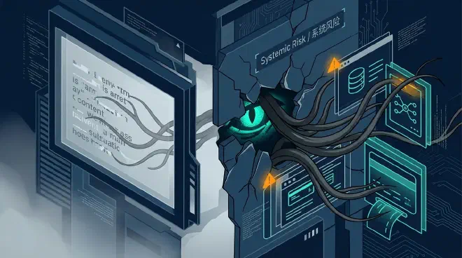 A stylized cyber-noir illustration depicts an AI agent&rsquo;s digital architecture. On the left, thin, dark tendrils subtly manipulate fragmented text on a contained screen, representing initial content-level risks. A fractured boundary separates this from the right, where the architecture opens to reveal critical system interfaces like a database or payment gateway. From the AI&rsquo;s core, thicker, more aggressive dark tendrils are now actively exploiting these interfaces. Flickering amber lights highlight the compromised system access points, signifying the dangerous escalation of AI permissions and systemic risk.