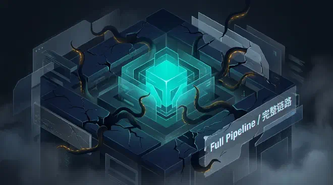 A stylized illustration showing a complex AI system. A glowing electric teal geometric core, representing the AI model, is embedded within a much larger, fragmented network of deep blue and smoky gray digital structures, symbolizing the entire system pipeline. Shadowy, amber-tipped tendrils aggressively infiltrate the cracks and connections of these outer system components, highlighting the importance of testing the full system and its numerous interconnected vulnerabilities, beyond just the central model.