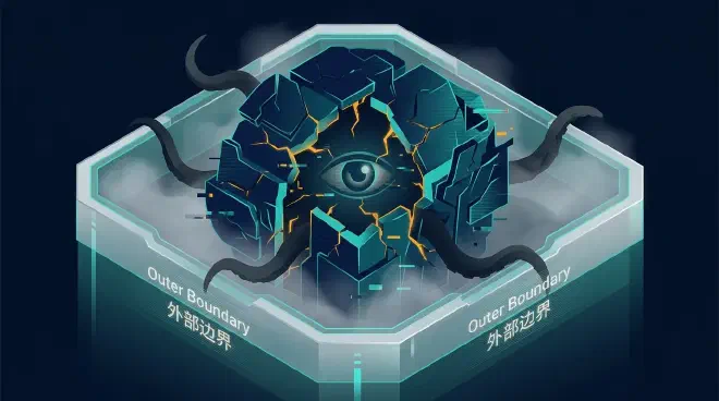 A conceptual illustration in a cyber-noir style showing a fractured, glowing blue and amber digital core, representing an AI model, encased within a robust, semi-transparent silver and teal protective shell. Dark, tentacle-like infiltrations are blocked and deflected by this outer shell, unable to reach the vulnerable core. The image symbolizes that ultimate security boundaries for AI must be external to the model itself.
