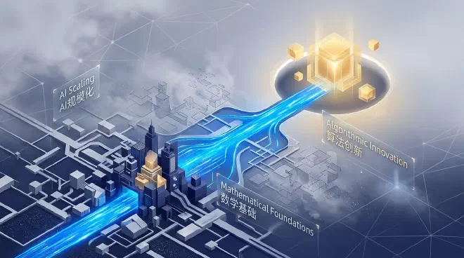 An abstract visual metaphor in which important structures are highlighted and reconnected within a vast network of data and parameters, representing how mathematics and algorithms reformulate problems so that large-scale AI systems can continue to train, adapt, and operate.