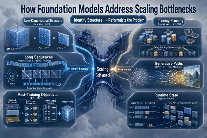 Foundation models address a central scaling bottleneck by identifying structure and reformulating problems across low-dimensional structure, training planning, long sequences, generative paths, post-training objectives, and runtime state