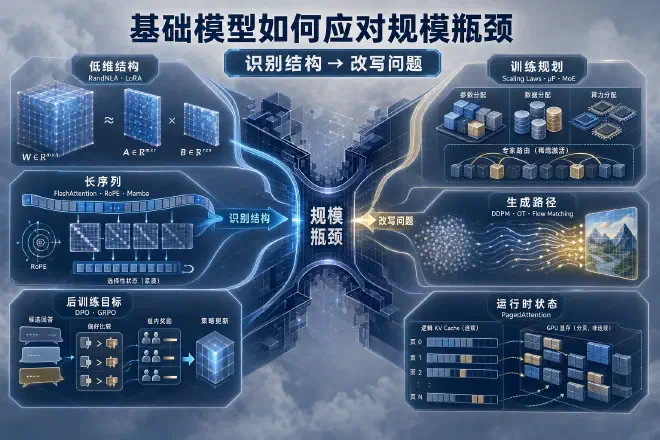 基础模型以规模瓶颈为中心，通过低维结构、训练规划、长序列、生成路径、后训练目标和运行时状态识别结构并改写问题