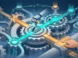 In a dark conceptual illustration, a robotic hand and a human hand operate controls linked to a gear system traversed by teal and amber paths.