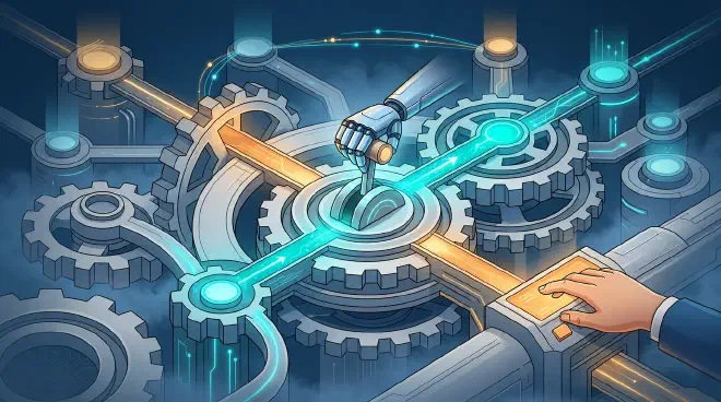 In a dark conceptual illustration, a robotic hand and a human hand operate controls linked to a gear system traversed by teal and amber paths.
