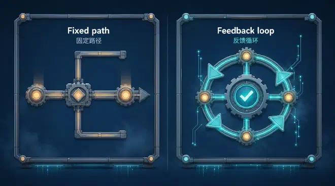 A fixed path follows predefined branches, while a feedback loop selects the next step after reading each result.