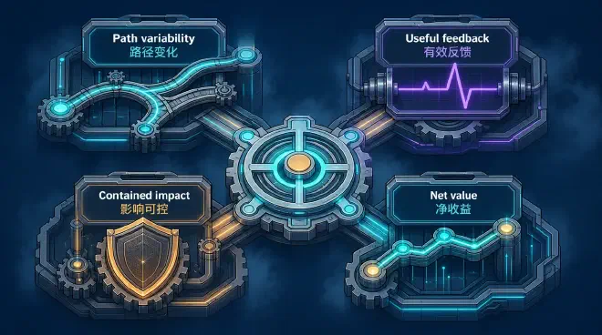 An enterprise assesses path variability, useful feedback, contained impact, and net value when deciding whether a task suits an agent.