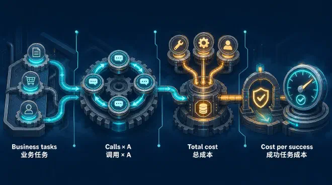 Business tasks pass through repeated model calls; model, tool, runtime, and human-review spending forms total cost, which is then measured per successful task.