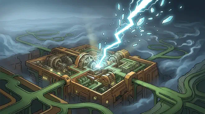 A vibrant, intricate network of gears and planned pathways representing research investment and infrastructure, contrasted with a single, brightly illuminated, unpredictable lightning bolt striking in an unexpected direction, symbolizing an original scientific breakthrough that cannot be scheduled or pre-planned. The background subtly suggests a vast, yet partially obscured, landscape of long-term exploration.