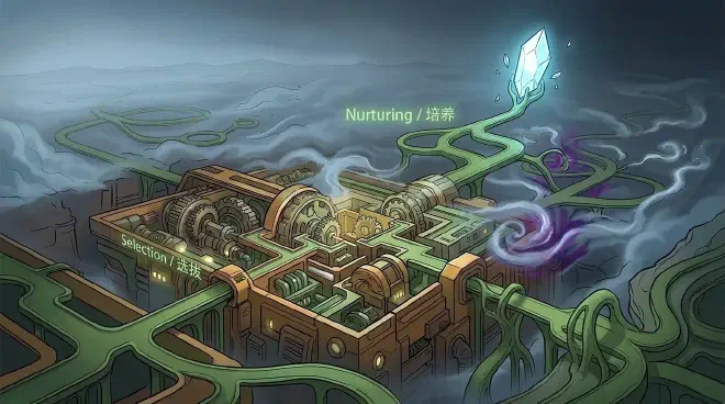A conceptual illustration depicting the journey from early talent selection to scientific breakthrough. A structured system of interlocking gears labeled ‘Selection’ represents foundational training. From this, a winding, branching path labeled ‘Nurturing’ emerges, signifying the complex research journey with trial-and-error, collaboration, and mentorship, set against a misty background. The path culminates in a brilliant, fractured crystal, symbolizing a major discovery.