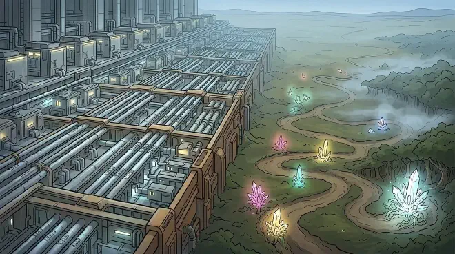 An illustration contrasting a massive geometric grid of industrial research capacity with wild, unpredictable organic pathways where luminous crystalline discoveries blossom.