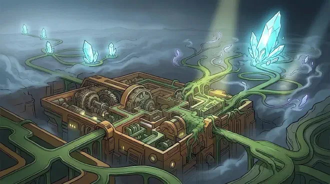 An illustration contrasting two research pathways. On the left, a structured, linear system of gears produces consistent, moderate discoveries. On the right, a sprawling, organic network of branching paths shows many dead ends and failures, but culminates in a few exceptionally brilliant, large breakthroughs.