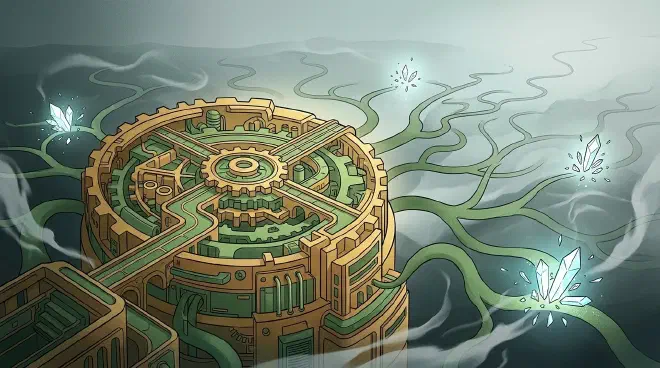 An intricate machine of interlocking gears and modular structures (representing planned research capacity) supports winding, branching paths of exploration, from which unpredictable, luminous crystals (scientific discoveries) emerge and scatter into a misty background.