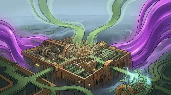 An intricate illustration shows a large, complex academic institution as a system of interlocking gears. External violet forces press down, forcing the ochre gears to spin rapidly, symbolizing short-term metrics. Green reform paths try to slow them, but young researcher sprouts in the foreground are trapped by the fast-moving system, representing the struggle of long-term goals against actual short-term incentives.