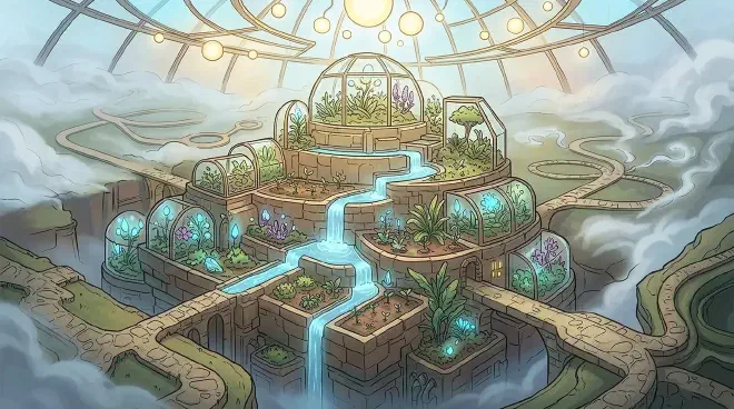 An illustration of a resilient, multi-tiered botanical sanctuary where diverse light and water streams patiently nurture fragile speculative seedlings across interconnected terraces.