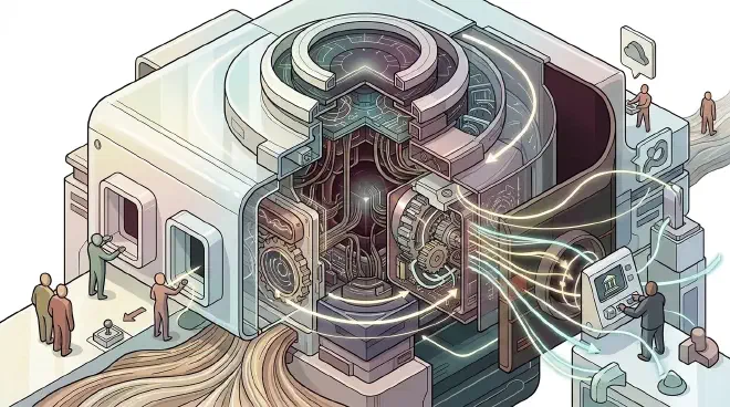 An exploded view of a sophisticated AI engine reveals its intricate internal mechanisms, including glowing circuitry, interlocking gears, and exposed data conduits. Luminous conceptual flow lines emanate from these opened-up core components, symbolizing the open-sourcing of deep engineering details and their benefits spreading to the industry.