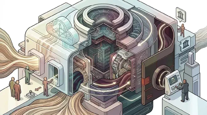 An isometric conceptual illustration depicting a &ldquo;Three-Tier Taxation&rdquo; model for open-weight AI. Abstract, flowing resources (representing users/data) enter from an open source. They sequentially pass through three distinct, industrial-style gates: a translucent cloud-like structure (Cloud Compute Tax), a robust server-rack-like enclosure (On-Premise TCO Tax), and a stylized, sealed gate (MaaS Licensing Gate). At each gate, a portion of the resources is siphoned off as &ldquo;tax.&rdquo; All collected &ldquo;taxed&rdquo; resources are then shown flowing back to a central, controlling entity, completing a closed commercial loop.