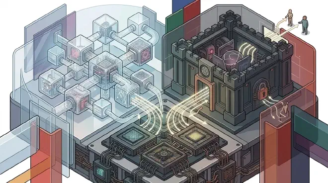A multi-layered conceptual illustration depicting the AI industry landscape. At the base, a glowing, industrial-style platform, representing NVIDIA&rsquo;s hardware and CUDA, emits compute power upwards. This power fuels two distinct architectural systems: on one side, an expansive, transparent network of interconnected modules symbolizing the open-source AI ecosystem; on the other, an opaque, formidable fortress with a single, guarded API access point, representing closed-source AI models like OpenAI. Both systems are partially enveloped by structured, semi-transparent barriers, signifying global regulatory oversight and geopolitical tensions.