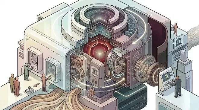 A conceptual illustration of an enterprise AI deployment architecture. On the exterior, tiered modules with varying levels of transparency represent Open API, Open Weight, and Open Source model choices, each accessible for different business needs. A prominent, structurally robust gate, marked by a stylized lock, symbolizes the critical compliance and licensing checks that must be passed. Beyond this gate, an exploded view reveals complex internal layers of interconnected geometric constructs and glowing circuitry, depicting the stages of private deployment, including infrastructure planning, acceleration, and robust security measures. Dynamic flow lines illustrate a continuous feedback loop for refinement and red-teaming.