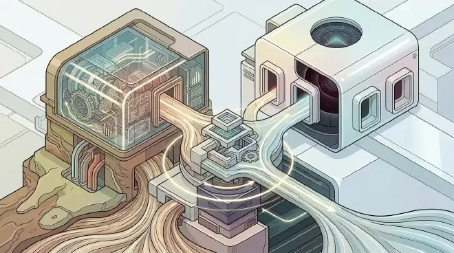 A precise diagram showing two distinct architectural structures: one representing &lsquo;owning intelligence&rsquo; (Open Weight) with visible, intricate internal mechanisms and a grounded appearance, and the other representing &lsquo;renting intelligence&rsquo; (Closed Source/API) with sleek, opaque surfaces and accessible ports hinting at a hidden core. Both structures funnel conceptual flow into a central, dynamic balancing mechanism that unifies their contributions into a single optimal business solution, depicted as a cohesive output flow.