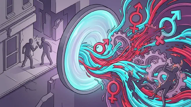 A visual metaphor depicting the complex interplay between real-world disputes and online amplification. One side shows a dimly lit street scene with blurred figures in a heated argument, hinting at the initial offline conflict. The other side visually erupts into a vibrant, chaotic digital space filled with swirling data, polarized male and female symbols clashing, and comment bubbles, representing how online platforms and traffic incentives transform social tensions into amplified gender antagonism. A subtle connection, perhaps a digital thread or a magnifying glass, links the two scenes, emphasizing the shift from reality to content.