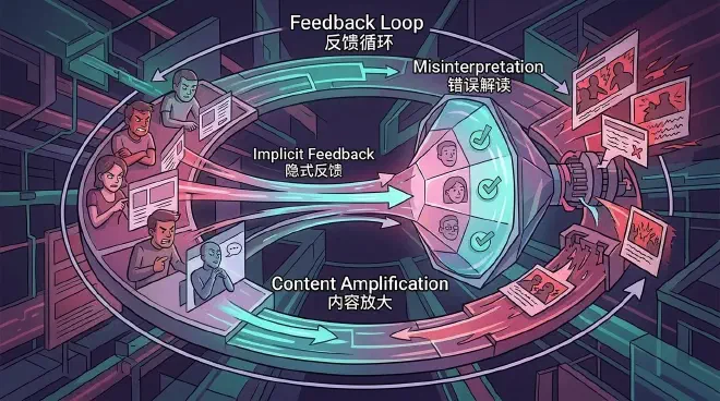 A conceptual illustration of a feedback loop. Users interact with content, generating implicit feedback that flows into a recommendation system. The system misinterprets diverse reactions like anger as positive interest, leading it to recommend more conflict-provoking content. This content then feeds back to users, perpetuating a cycle where algorithms amplify engagement over true preference.