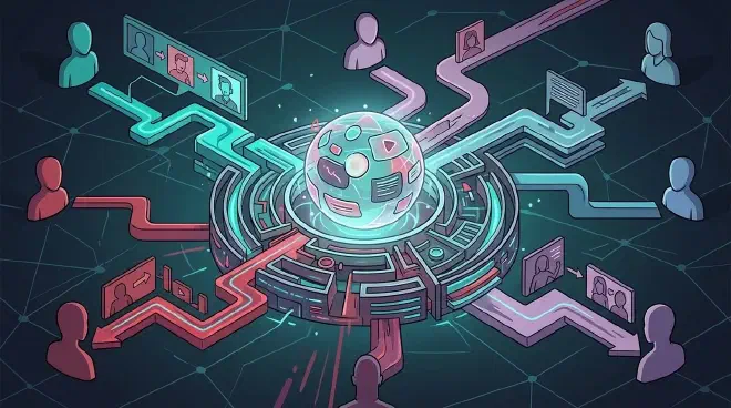 Conceptual illustration showing generative AI processing a single public event and generating multiple, personalized narratives with different factual emphases and causal explanations for distinct users, thereby eroding public consensus.