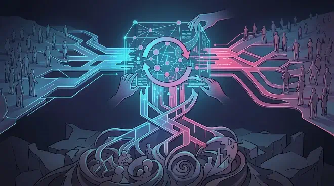 A conceptual illustration depicting the feedback loop between society and technology. Abstract societal conflicts flow into a complex digital network representing streaming, AI, and recommendation systems, which transforms and amplifies them into a new information environment that, in turn, influences society. Stylized hands subtly guide the technological processes, illustrating the role of engineers in shaping outcomes.