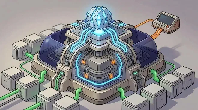 A cartoon illustration showing a glowing blue AI Core sending blue context flows into an intricate grey Agent Harness. Within the Harness, a solid, stable block represents persistent storage, and several glowing orange Checkpoint markers indicate saved task states, illustrating long-horizon context organization and state preservation.