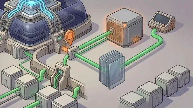 A cartoon-style illustration shows an Agent Harness managing actions to an Enterprise System. A green data flow leaves the Harness towards a grey Enterprise System Block, which glows orange and pulsates, indicating a timeout. Inside the Harness, a prominent orange Checkpoint marker is visible. A second, identical green data flow emerges from the Harness but is intercepted by a transparent, layered grey-blue Idempotency Shield. The shield redirects this flow towards a small, watchful Oversight Console, preventing the duplicate action from reaching the Enterprise System.