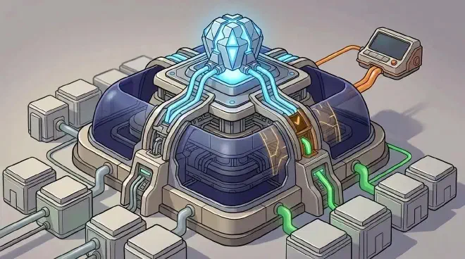 A cartoon illustration showing a glowing blue AI Core sending a blue proposal flow into a grey Agent Harness. Within the Harness, the blue flow passes through an orange Validation Gate, transforming into a vibrant green flow as it exits, and then proceeds to connect with grey Enterprise System Blocks. The AI Core does not directly touch the Enterprise System Blocks.