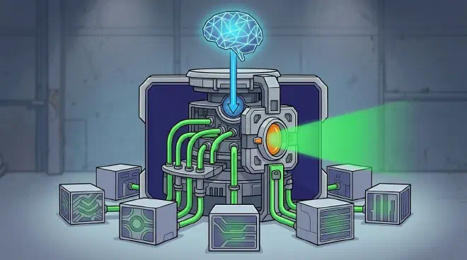 A conceptual illustration showing a stylized AI Core sending a blue &lsquo;claimed action&rsquo; flow to a central, intricate Agent Harness Framework. From the Harness, multiple vibrant green &lsquo;verification&rsquo; conduits extend towards several Enterprise System Blocks, which display internal, stable, verified states. A prominent Oversight Console within the Harness emits a confirming green beacon, symbolizing the complete validation of the Agent&rsquo;s actions against real-world systems.