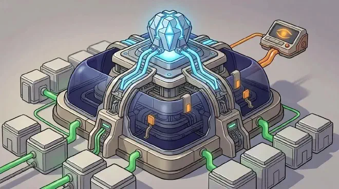 A conceptual illustration showing a glowing blue AI Core sending proposals into a robust, multi-layered grey and indigo Agent Harness Framework. The Harness mediates these proposals, then sends validated green actions to various Enterprise System Blocks. A separate orange Oversight Console connects to the Harness, emphasizing human control and validation, reinforcing the Harness&rsquo;s role in securing AI interactions with business systems.
