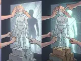 An abstract depiction of a figure being simultaneously elevated onto a pedestal by some hands, while other hands pull it down, symbolizing the dual process of 'god-making' and 'god-destroying' in public perception.