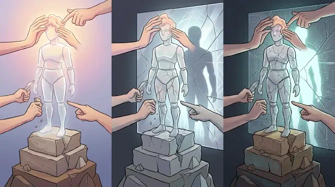 An abstract depiction of a figure being simultaneously elevated onto a pedestal by some hands, while other hands pull it down, symbolizing the dual process of 'god-making' and 'god-destroying' in public perception.