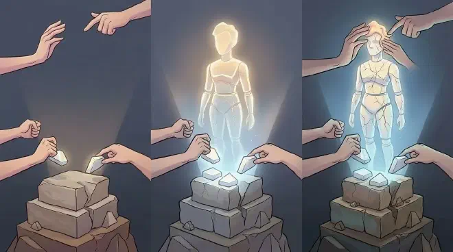 Stylized illustration: Human hands place a few polished geometric shapes (concrete facts) onto a central, raw unpolished stone block. Above the stone, a glowing, complete anthropomorphic figure (the inferred personality) gradually materializes as a projection, appearing to fill the unseen gaps between the sparse facts.