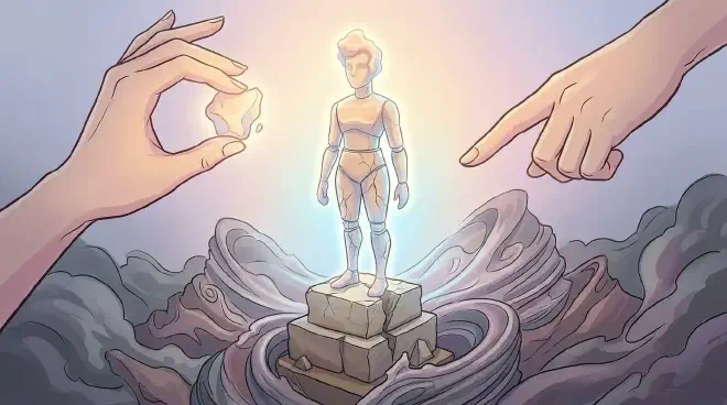 An ethereal, radiant figure, glowing with soft pastels, stands centrally on a visibly wobbly pedestal. Beneath the pedestal, abstract, turbulent forms in muted, cool tones representing anxieties are calmed and somewhat organized by the figure&rsquo;s presence, creating a fragile balance.