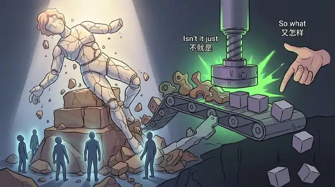 A cartoon illustration showing a large, cracking &lsquo;idol&rsquo; figure, made of clay, collapsing off a crumbling pedestal. As the idol crumbles, several simple human silhouettes below appear to grow taller and radiate a soft light, symbolizing self-esteem compensation. At the base of the collapse, a conveyor belt mechanism labeled &lsquo;Isn&rsquo;t it just&rsquo; crushes diverse shapes into identical grey cubes. A detached, shrugging hand hovers over the falling cubes, representing &lsquo;So what&rsquo;.