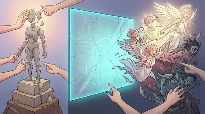 A dynamic illustration showing multiple stylized human hands feeding fragmented, muted clay pieces into a glowing, electric-hued Distorting Screen that acts as an algorithmic filter. From the screen emerge exaggerated, complete Composite Figures, some angelic and radiant, others monstrous and dark, illustrating how technology amplifies partial input into extreme, self-reinforcing projections. Subtle cracks are visible on the screen.