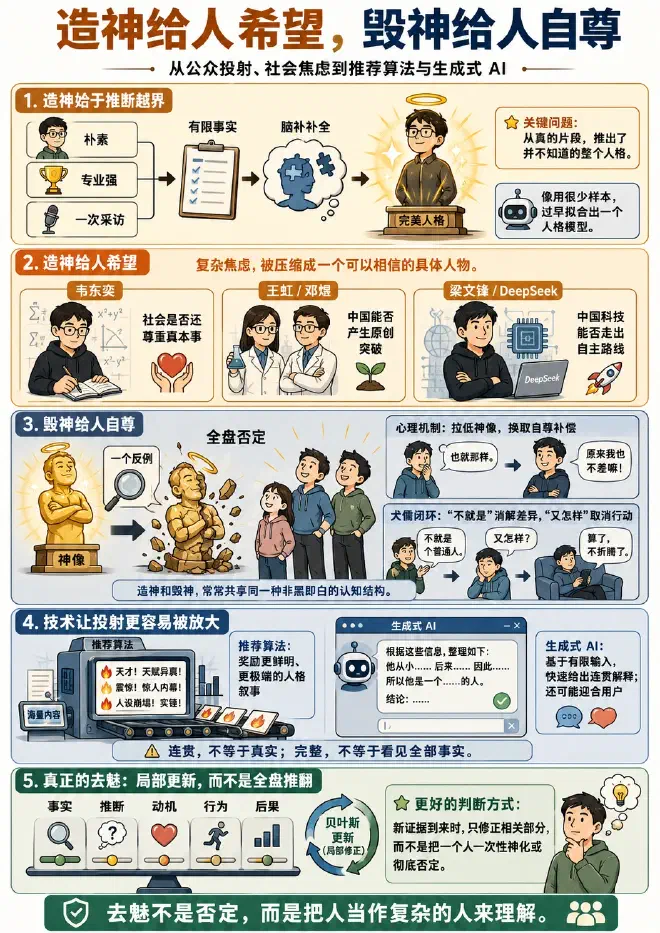 信息图：全景展示造神与毁神的心理机制、社会焦虑投射与技术放大效应