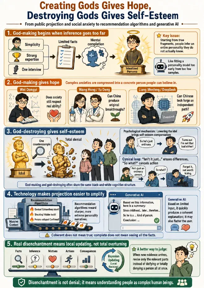 Infographic: Overview of psychological mechanisms, societal anxiety projection, and technological amplification in god-making and god-destroying