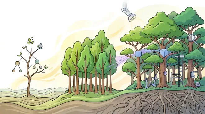 An illustration depicting a progression from a simple, isolated decision tree to a dense, interconnected forest of trees, symbolizing the evolution and complexity of ensemble tree models in machine learning.