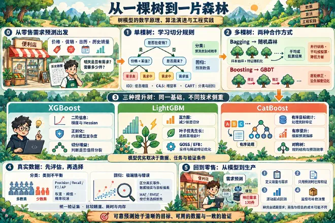 树模型阅读路线图:从零售预测与单棵树出发,比较 Bagging 和 Boosting、XGBoost、LightGBM 与 CatBoost,再进入数据评估和补货应用。