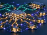 A dark-blue retail network in which two warehouses, several stores, and a central fulfillment node are connected by teal guarded paths, amber probability flows, and violet graph relationships.